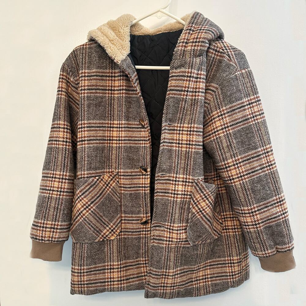 Girls Hooded Plaid Winter Coat Sherpa Lined Brown Beige Button Front Jacket